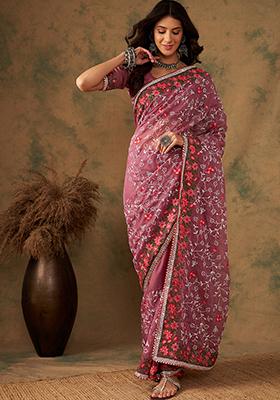 Peach Embroidered Organza Saree Set