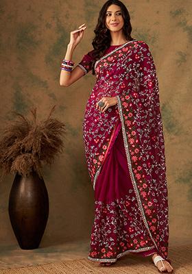 Purple Embroidered Organza Saree Set