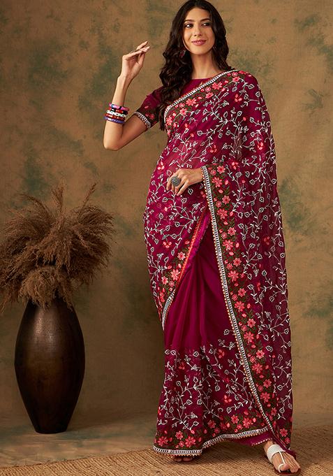Purple Embroidered Organza Saree Set