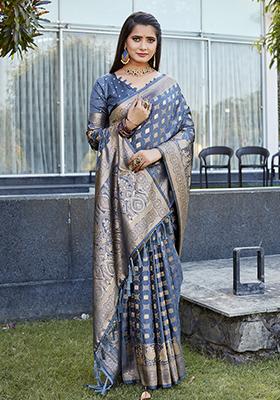 Grey Woven Jacquard Satin Silk Saree Set