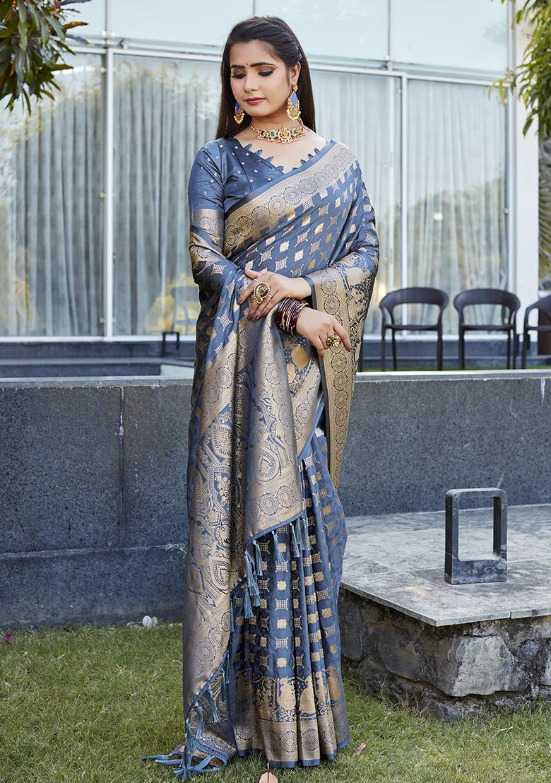 Grey Woven Jacquard Satin Silk Saree Set