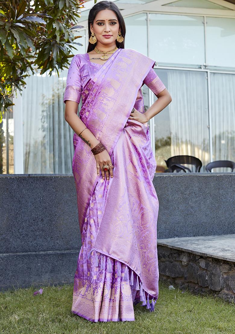 Purple Woven Jacquard Satin Silk Saree Set