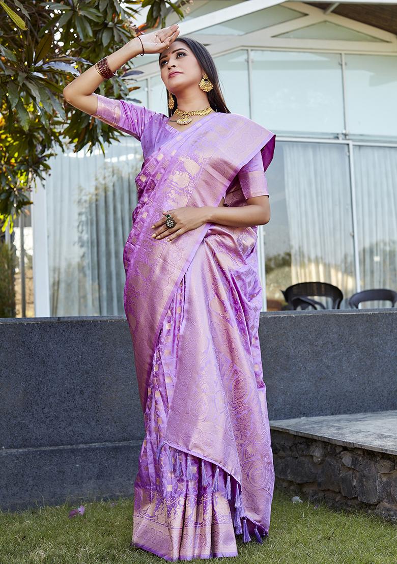 Purple Woven Jacquard Satin Silk Saree Set