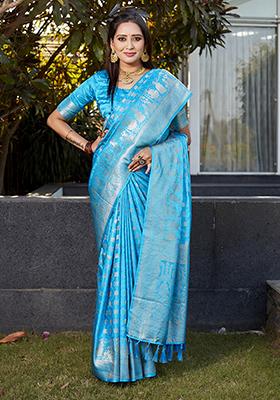 Blue Woven Jacquard Satin Silk Saree Set