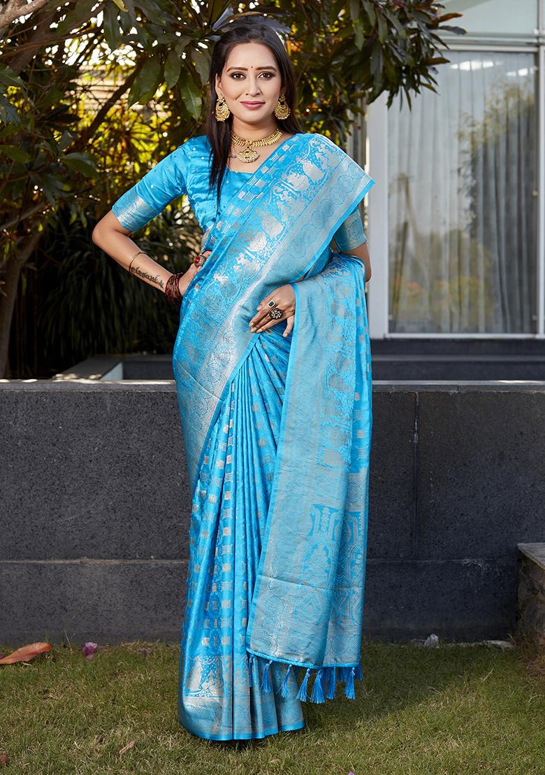Blue Woven Jacquard Satin Silk Saree Set