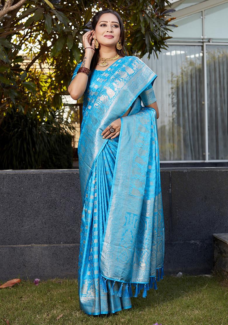 Blue Woven Jacquard Satin Silk Saree Set
