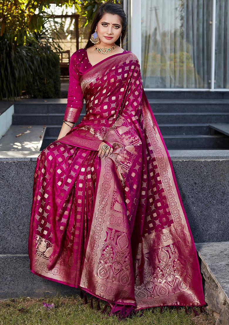 Burgundy Woven Jacquard Satin Silk Saree Set