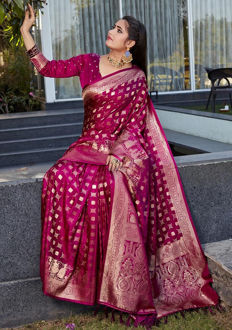 Burgundy Woven Jacquard Satin Silk Saree Set