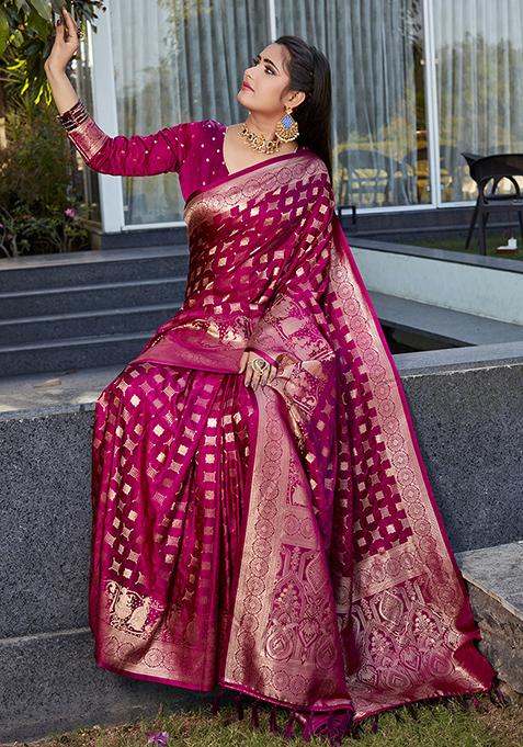 Burgundy Woven Jacquard Satin Silk Saree Set