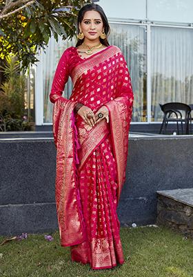 Pink Woven Jacquard Satin Silk Saree Set
