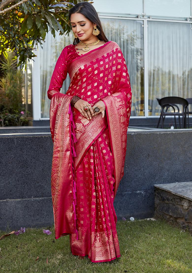Pink Woven Jacquard Satin Silk Saree Set