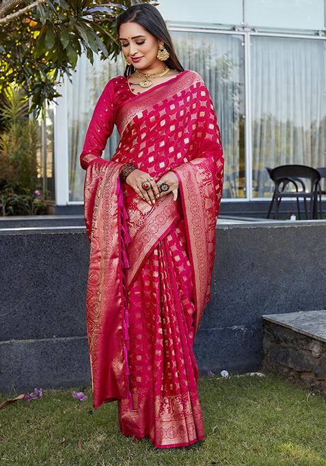 Pink Woven Jacquard Satin Silk Saree Set