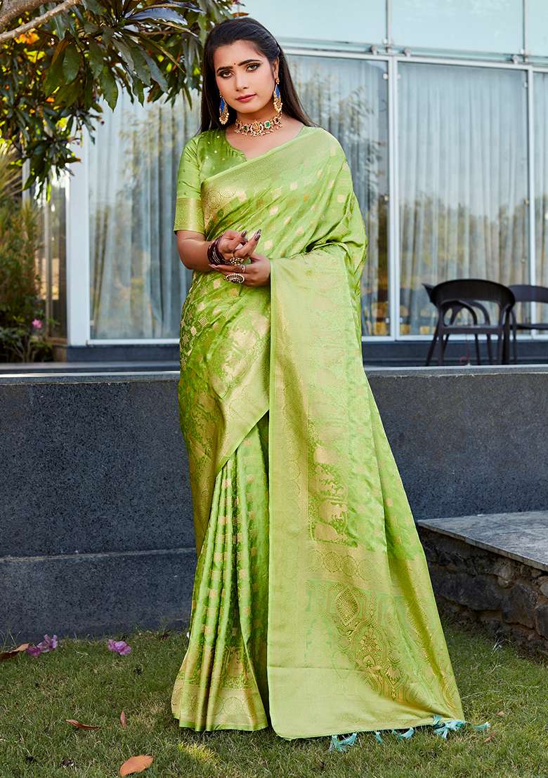 Green Woven Jacquard Satin Silk Saree Set - Indya