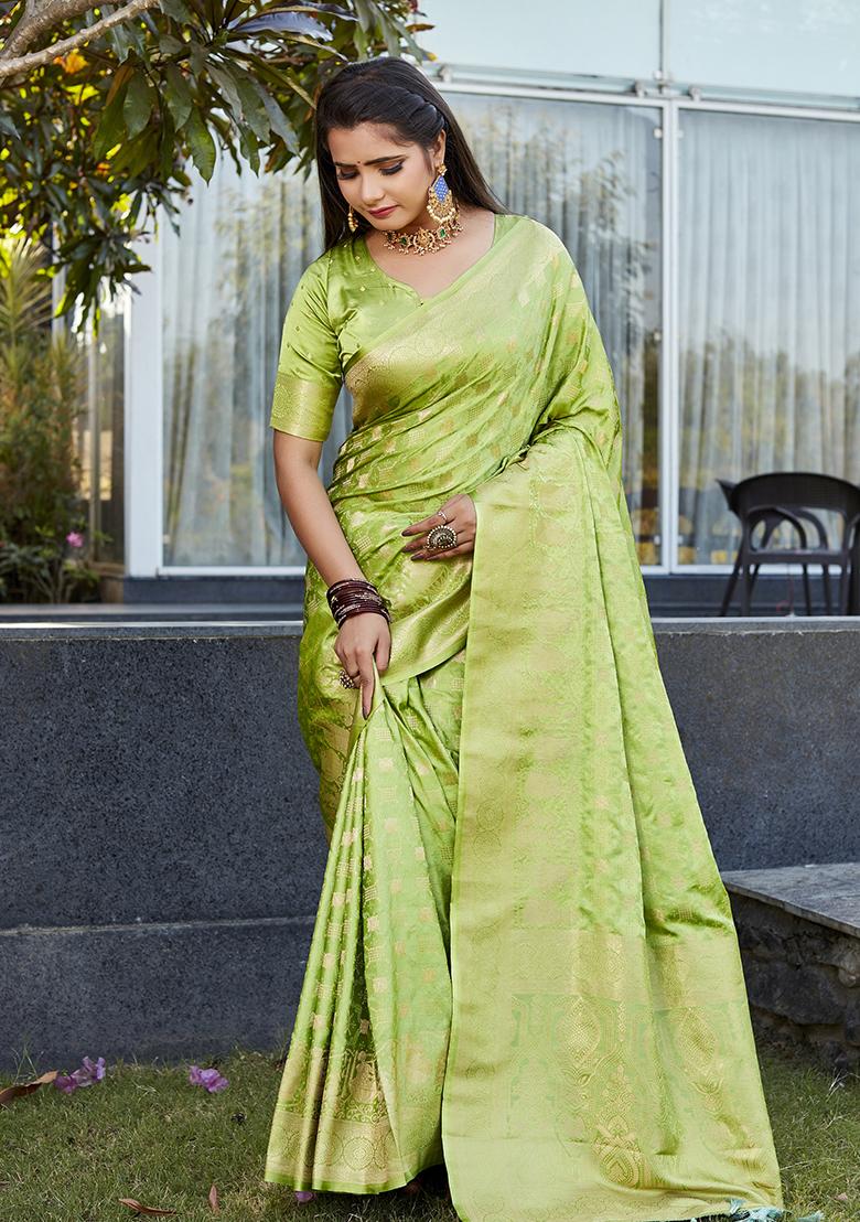 Green Woven Jacquard Satin Silk Saree Set