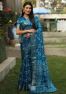 Sky Blue Zari Woven Handloom Silk Saree Set