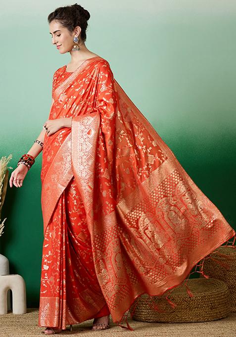 Orange Zari Woven Staple Cotton Saree Set