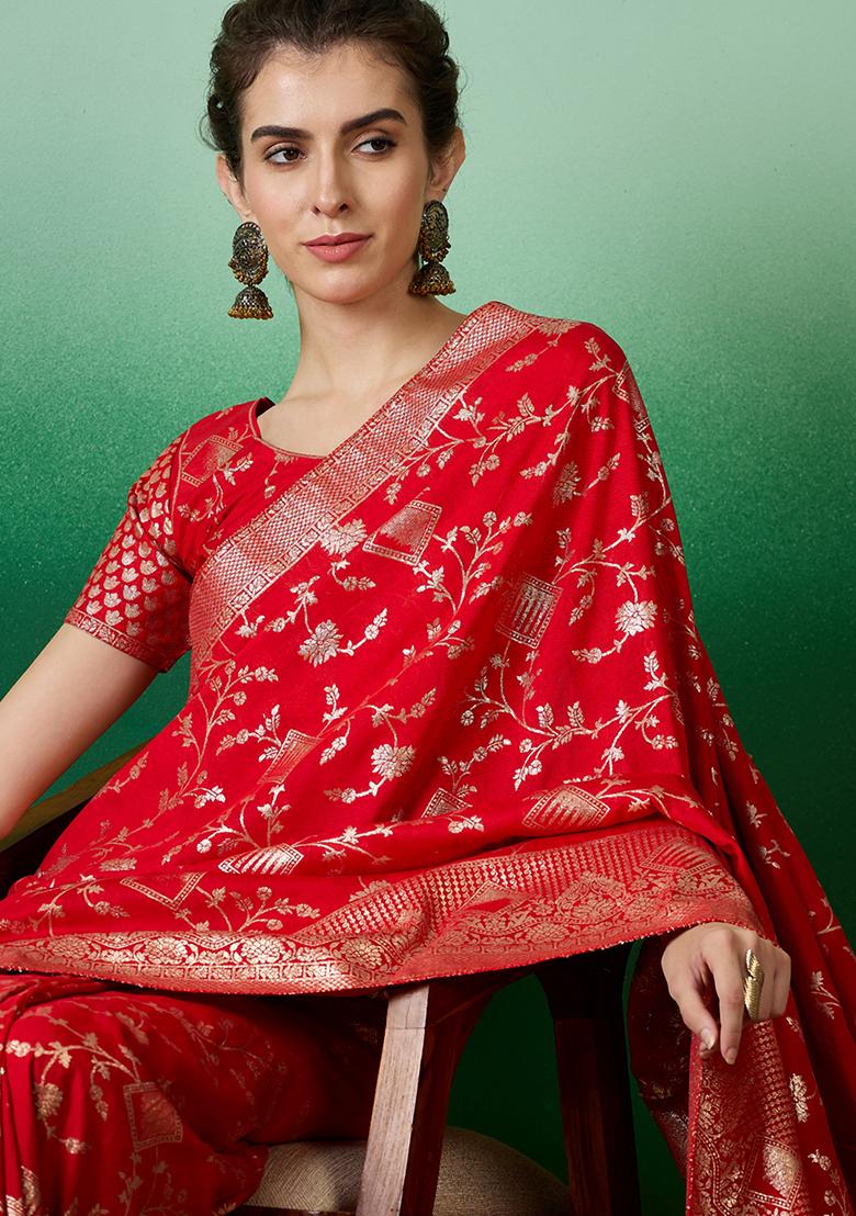 Pink Zari Woven Staple Cotton Saree Set - Indya