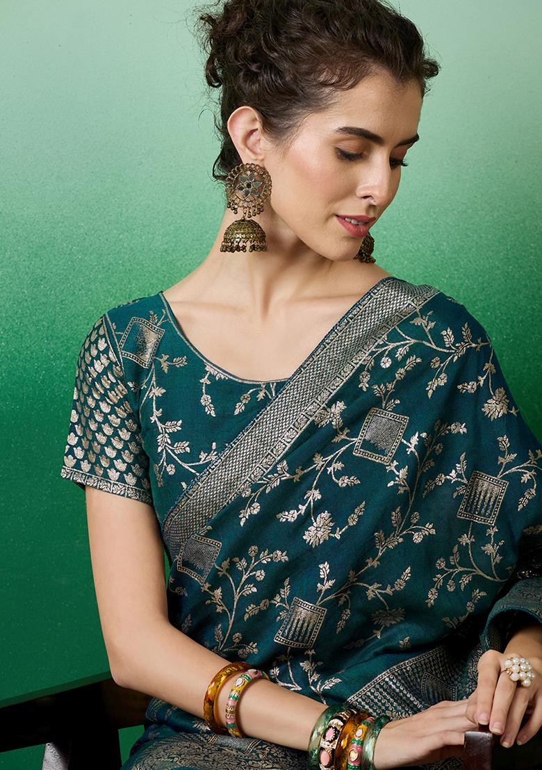 Teal Zari Woven Staple Cotton Saree Set