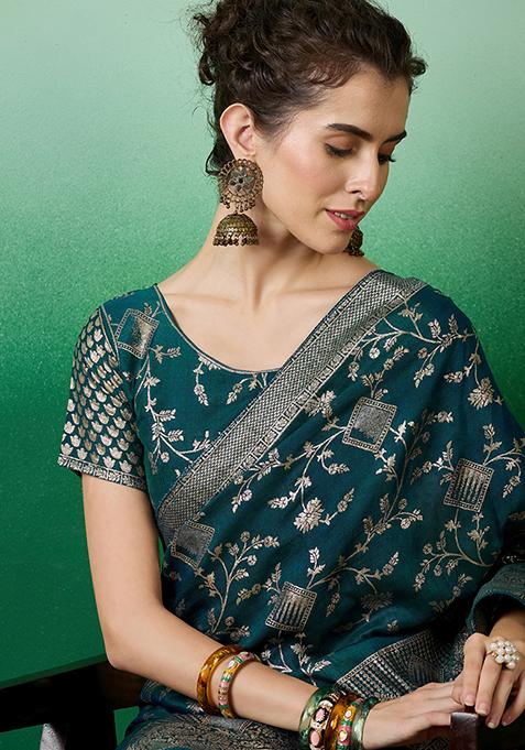 Teal Zari Woven Staple Cotton Saree Set