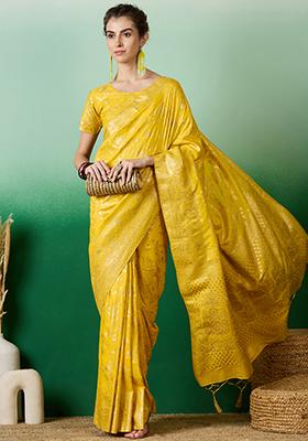 Yellow Zari Woven Staple Cotton Saree Set