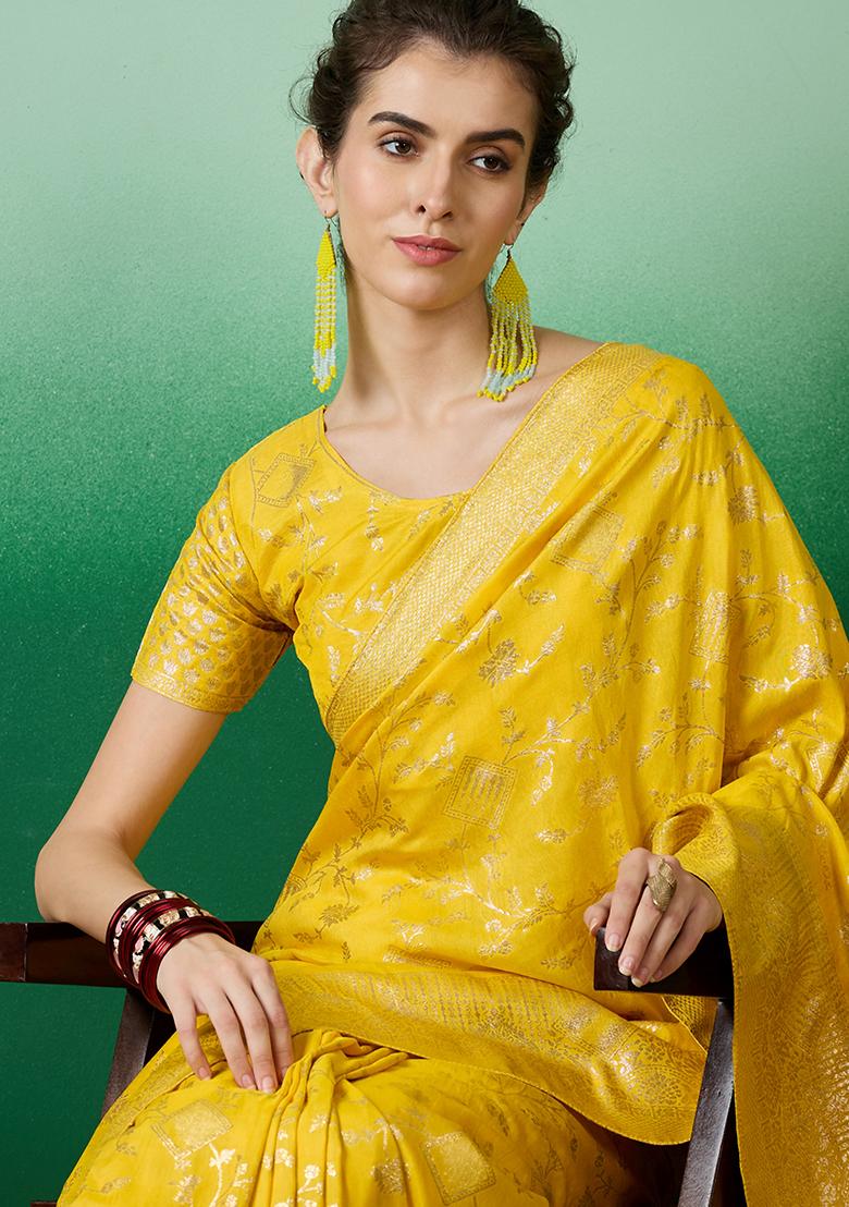 Yellow Zari Woven Staple Cotton Saree Set