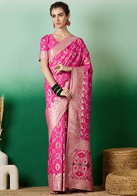 Pink Zari Woven Staple Cotton Saree Set