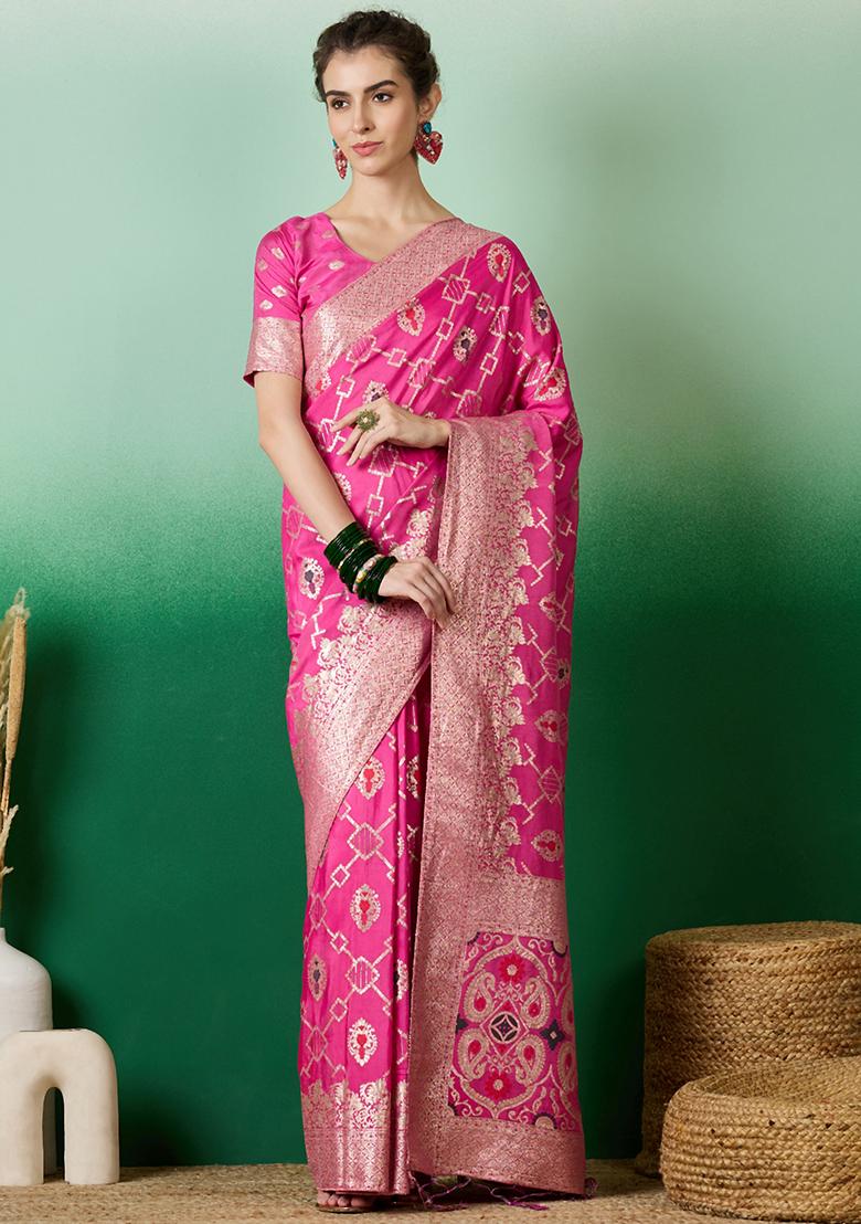 Pink Zari Woven Staple Cotton Saree Set