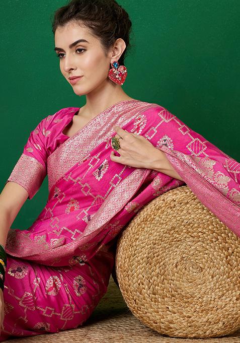 Pink Zari Woven Staple Cotton Saree Set