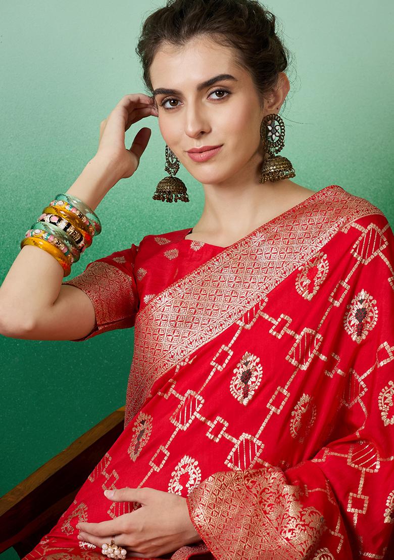 Red Zari Woven Staple Cotton Saree Set