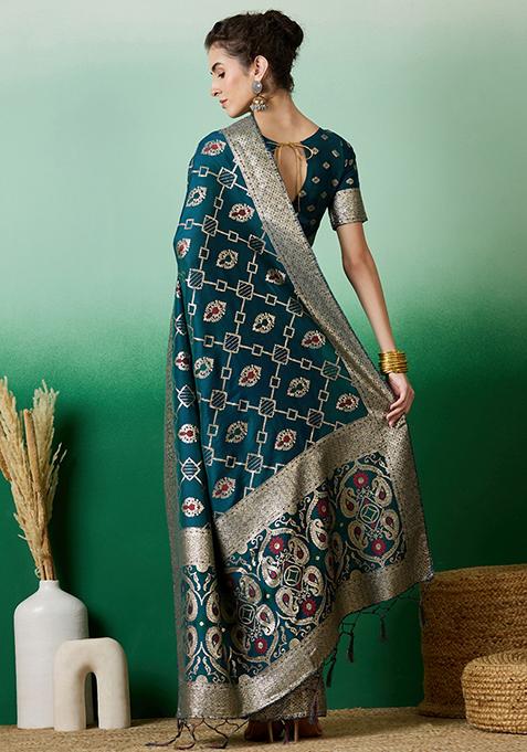 Teal Zari Woven Staple Cotton Saree Set