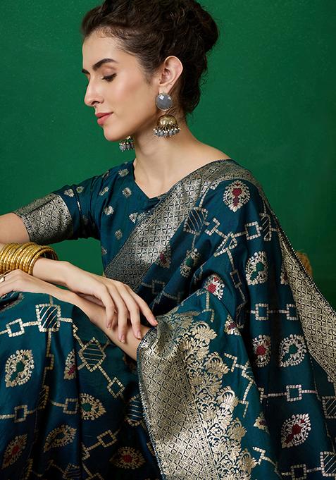 Teal Zari Woven Staple Cotton Saree Set