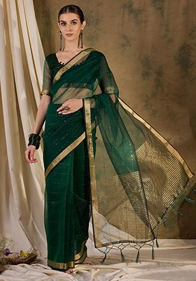 Green Zari Sequin Embroidered Organza Silk Saree Set