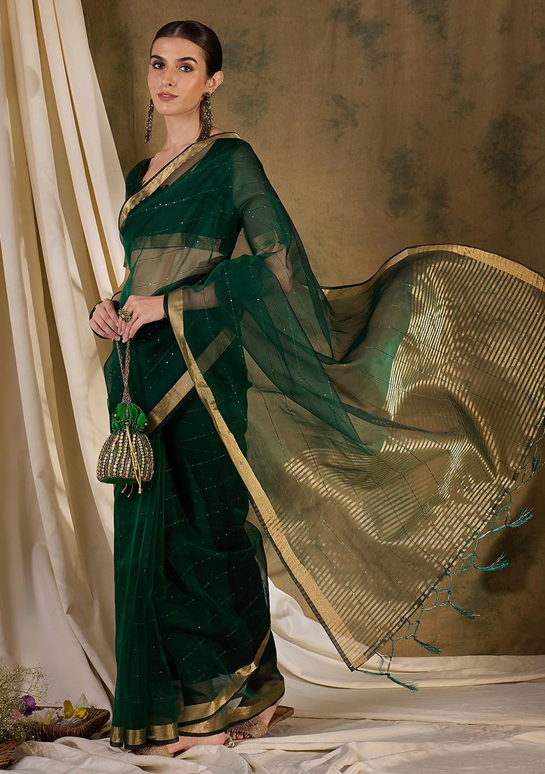 Green Zari Sequin Embroidered Organza Silk Saree Set