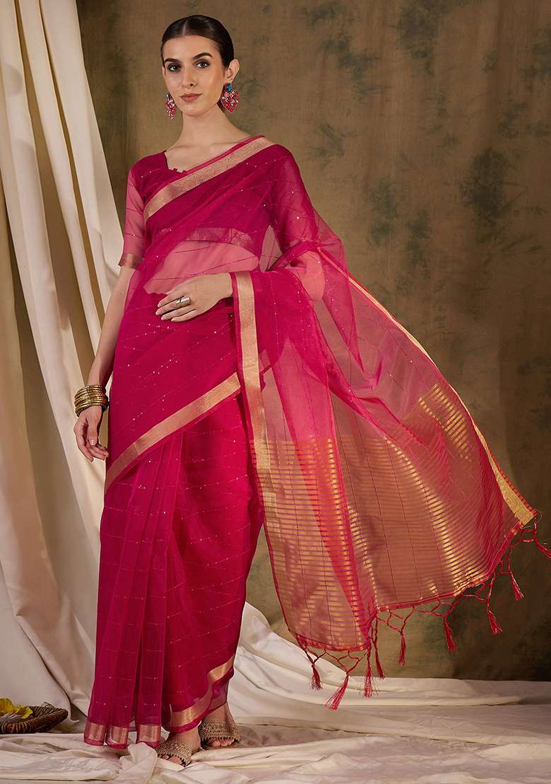 Pink Zari Sequin Embroidered Organza Silk Saree Set - Indya