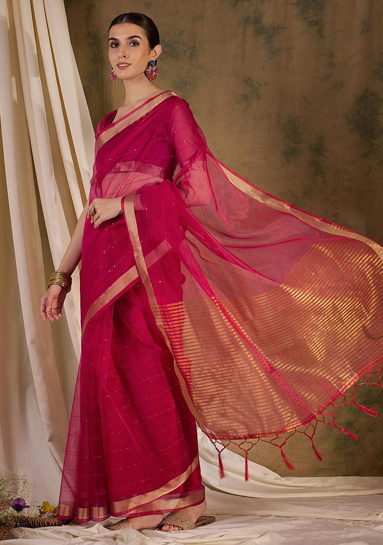 Pink Zari Sequin Embroidered Organza Silk Saree Set