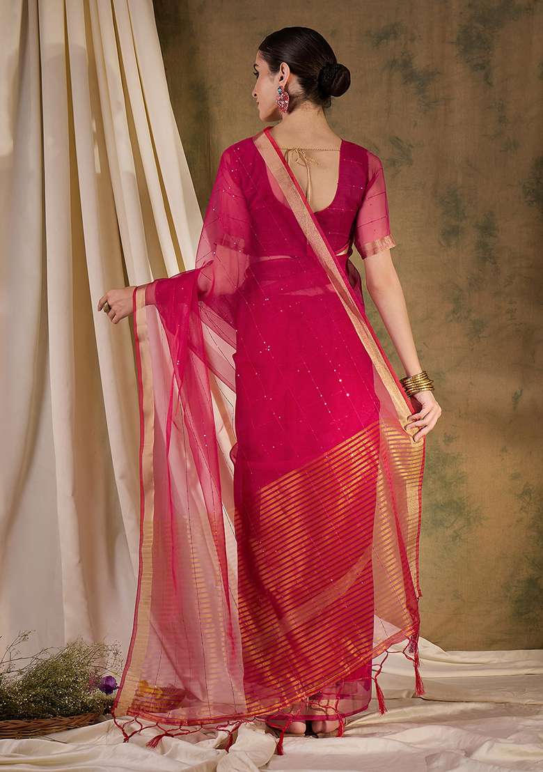 Pink Zari Sequin Embroidered Organza Silk Saree Set - Indya