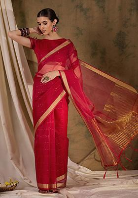 Red Zari Sequin Embroidered Organza Silk Saree Set