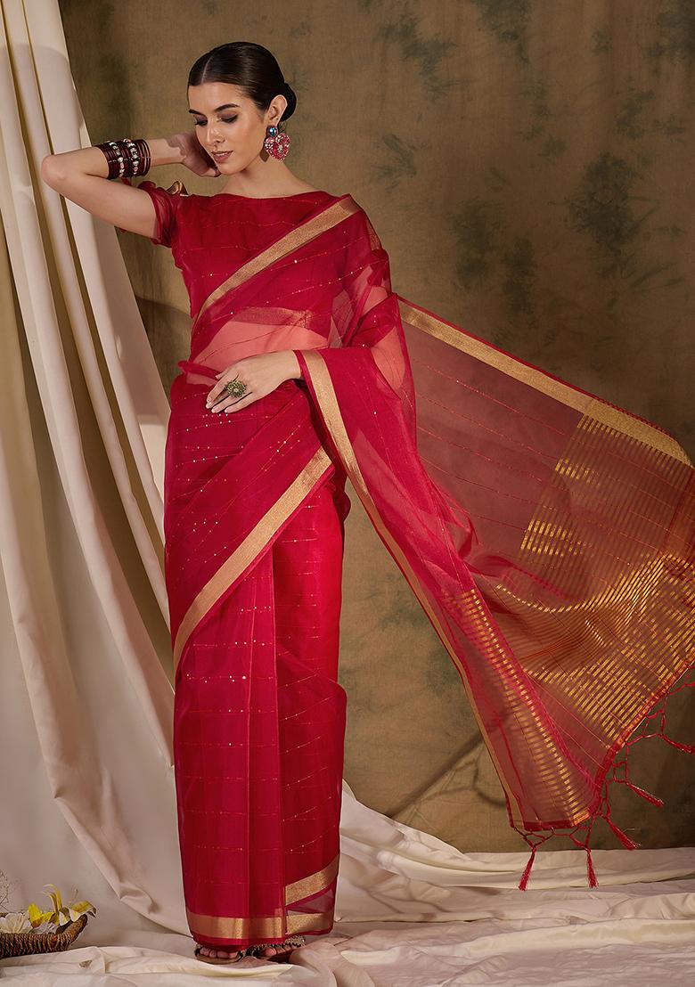 Red Zari Sequin Embroidered Organza Silk Saree Set