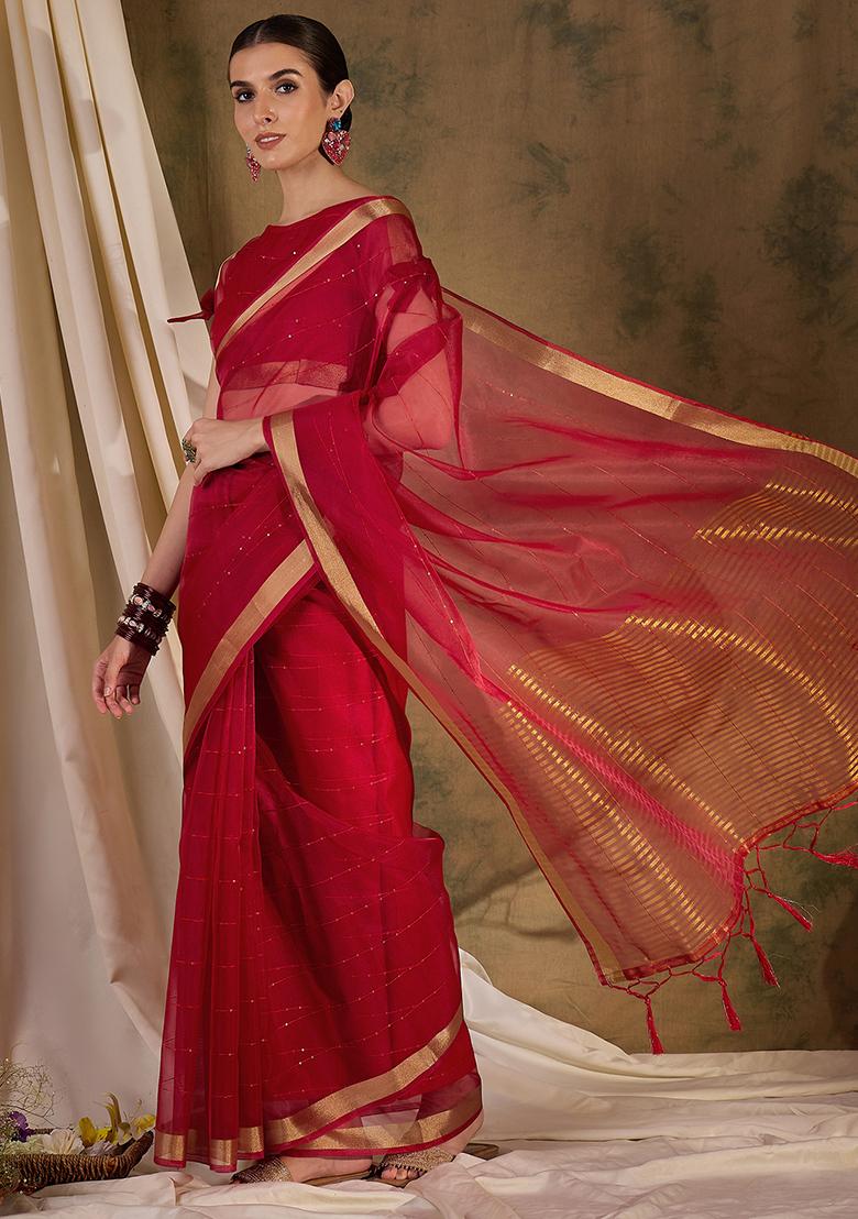 Red Zari Sequin Embroidered Organza Silk Saree Set