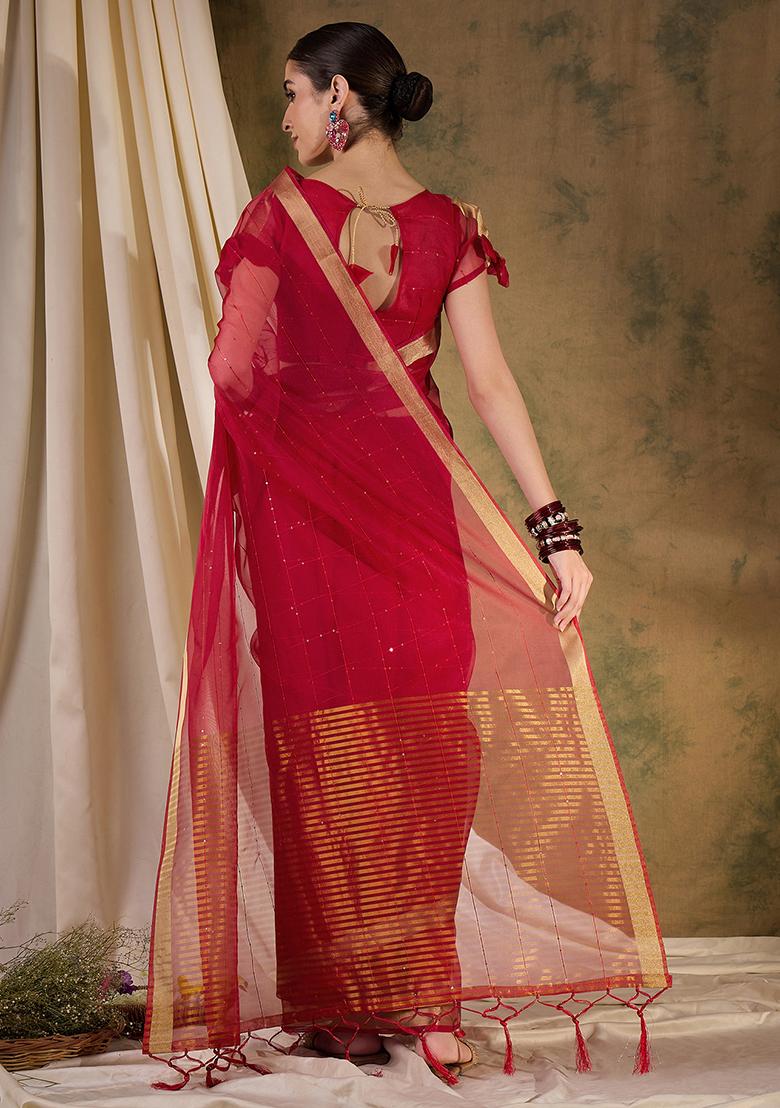 Red Zari Sequin Embroidered Organza Silk Saree Set