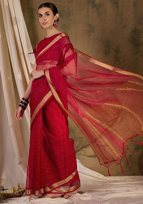 Red Zari Sequin Embroidered Organza Silk Saree Set