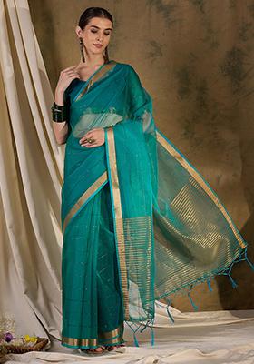 Teal Zari Sequin Embroidered Organza Silk Saree Set