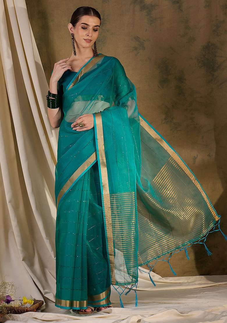 Teal Zari Sequin Embroidered Organza Silk Saree Set - Indya