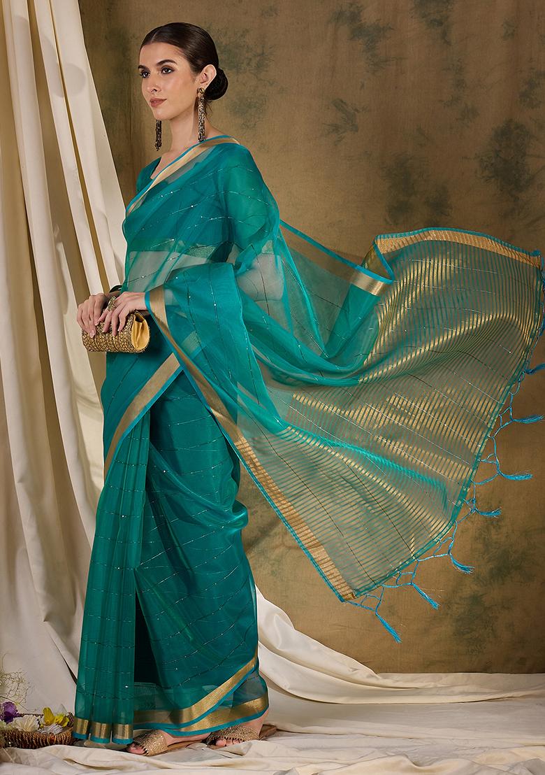 Teal Zari Sequin Embroidered Organza Silk Saree Set