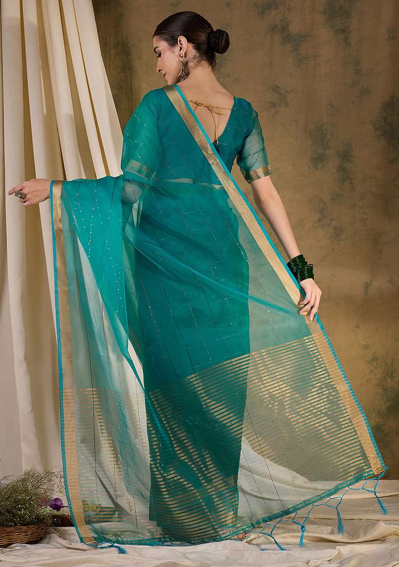 Teal Zari Sequin Embroidered Organza Silk Saree Set - Indya