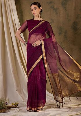 Wine Zari Sequin Embroidered Organza Silk Saree Set