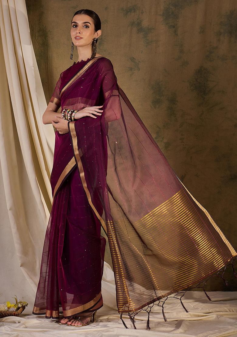 Wine Zari Sequin Embroidered Organza Silk Saree Set