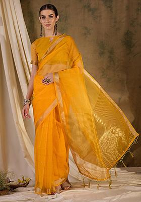 Yellow Zari Sequin Embroidered Organza Silk Saree Set