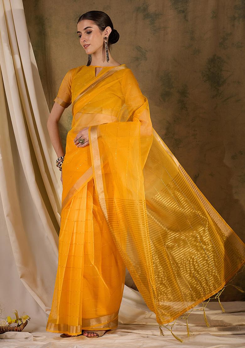 Yellow Zari Sequin Embroidered Organza Silk Saree Set
