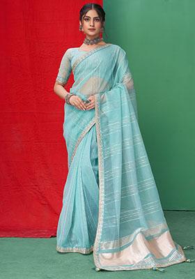 Sky Blue Woven Sequin Embroidered Organza Saree Set